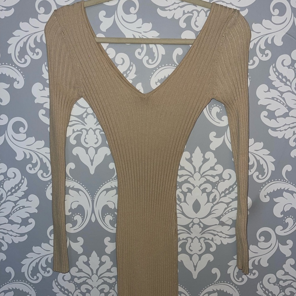 tan long sleeve ribbed midi dress